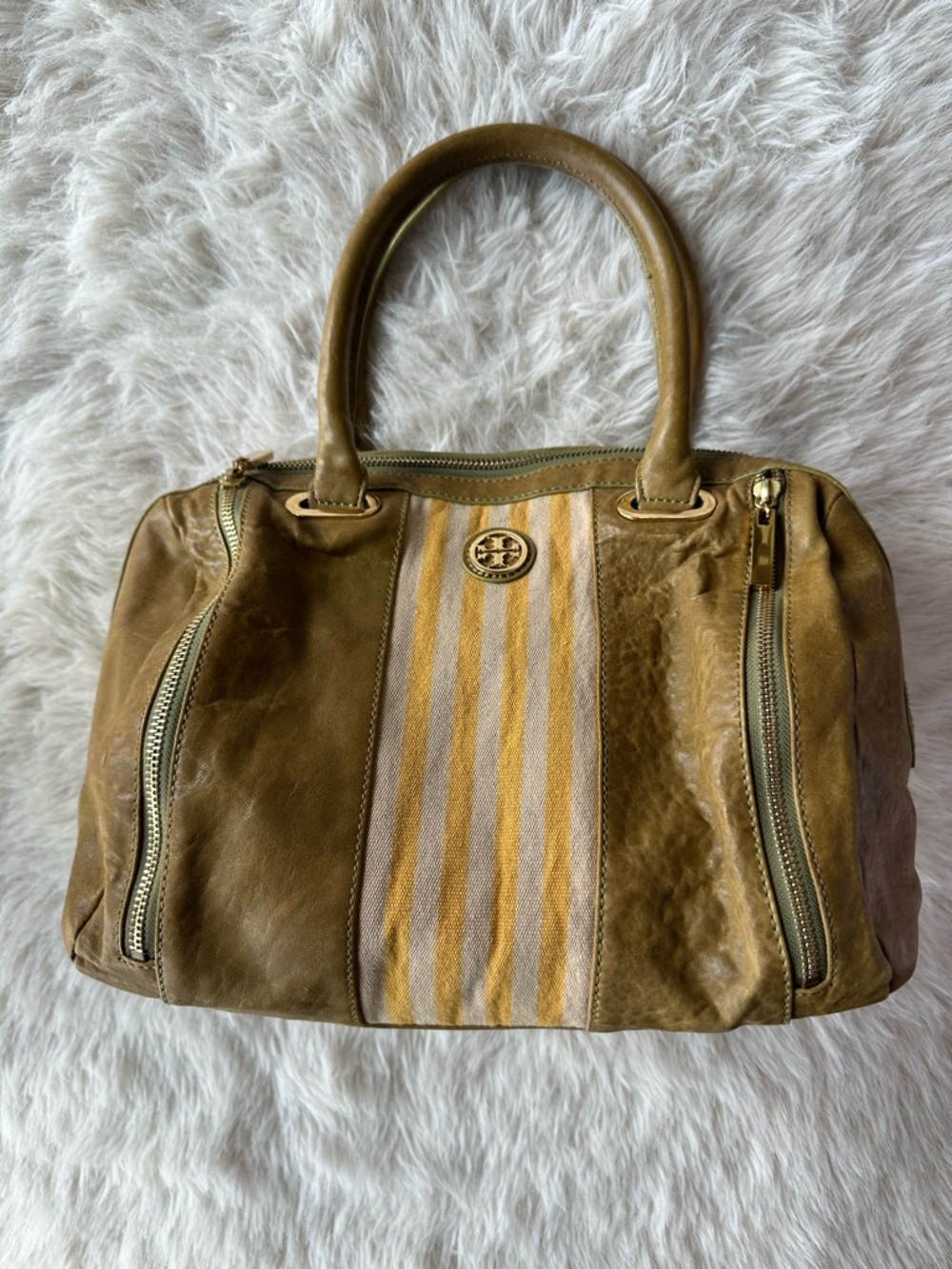 Tory Burch Matilda green tea .. Yellow Striped Leather Satchel bag